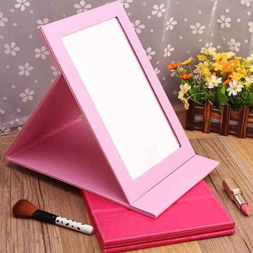 Portable Folding Vanity Mirror,Desktop Folding Mirror with Adjustable PU Leather Stand-Pink
