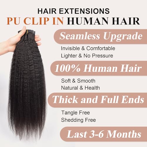 Clip in Hair Extensions Real Human Hair Clip ins Kinky Straight 100% Brazilian Virgin Hair PU Seamless Clip in Hair Extensions Human Hair for Women Natural Black 120 Gram 6 Pcs 20 Inch
