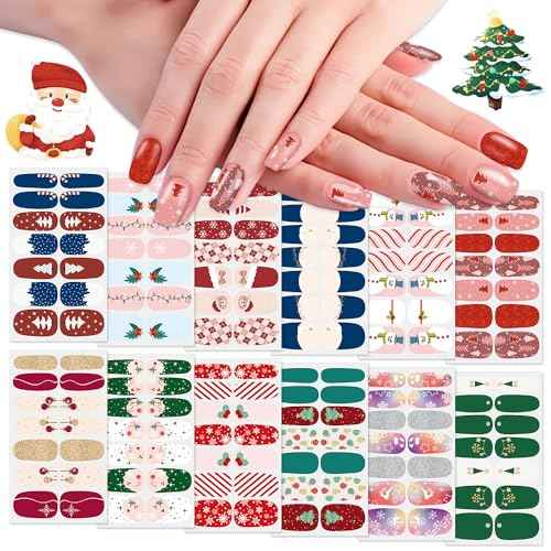 WOKOTO 12 Sheets 168pcs Christmas Nail Polish Stickers Full Nail Wraps for Gel Polish Strips for Women Christmas Nail Stickers Christmas Tree Snow Man Nail Polish Strips Nail Gel Stickers for Nails