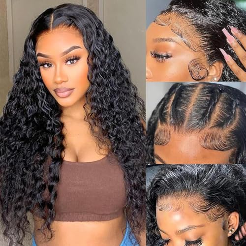 22 Inch Deep Wave Lace Front Wigs Human Hair 200% Density 13x6 HD Lace Frontal Wigs Human Hair Pre Plucked with Baby Hair Deep Curly Wigs for Black Women Natural Color
