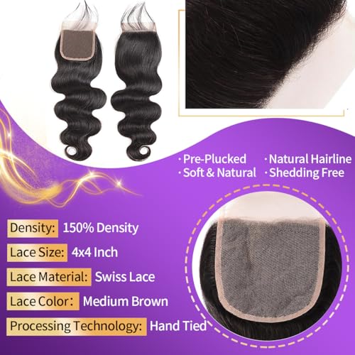12A Body Wave Bundles with Closure Human Hair 3 Bundles 14 16 18+12 Inch with 4x4 HD Lace Closure 100% Brazilian Virgin Quick Weave Natural Black
