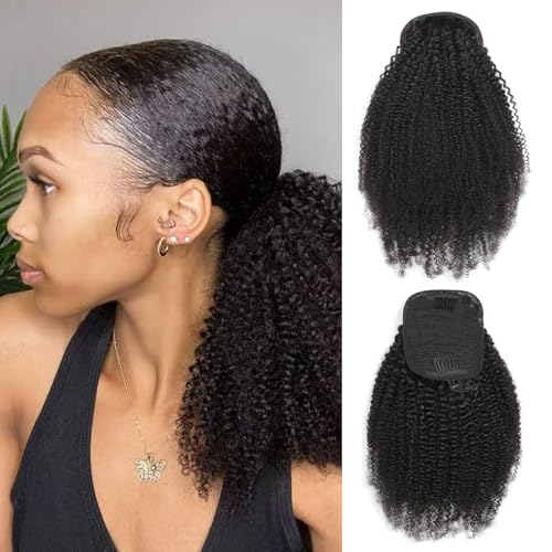 Afro Kinky Curly Drawstring Ponytail 4C for Black Women Human Hair Drawstring Ponytail Extension Natural Black 24Inch