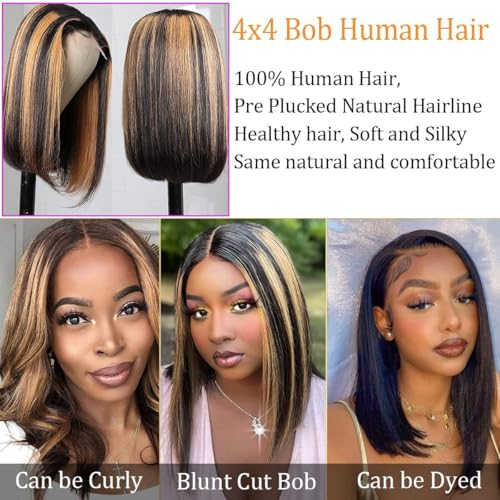 Straight Highlight Ombre Bob Wig Human Hair 4x4 Lace Front Wigs 1b/30 Colored Highlights Honey Blonde Lace Closure Wigs Glueless Pre Plucked Hairline 180% Density Bob Wigs for Women 12 Inch