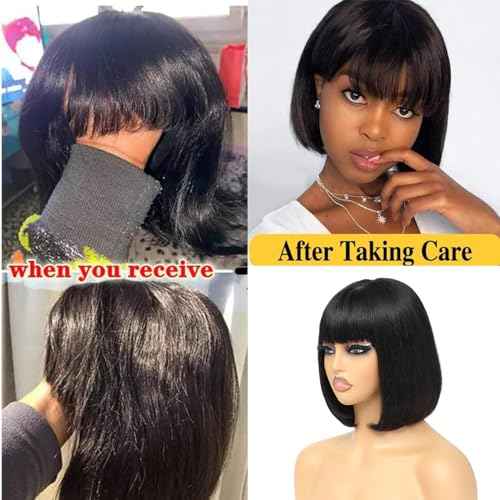 ROSELINE Short Bob Wig Human Hair Glueless HD 1X3 Lace Closure Human Hair Bob Wig With Bangs For Black Women (12Inch)