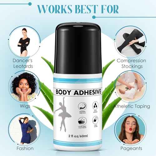 1 Pcs Roll On Body Adhesive for Dancers, Sweat Resistant Water Wash Off Body Glue for Skin & Clothing, Fashion Butt Glue Applicator for Compression Stocking, Bras, Wig, Residue Free, 2oz
