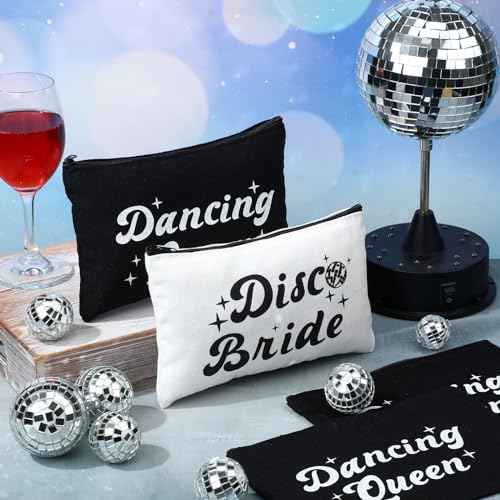 7 Pcs Disco Bride Bachelorette Party Makeup Bags Dancing Queen Bachelorette Gifts Canvas Cosmetic Bags Set for Women Bridal Shower Wedding Party Supplies Dancer