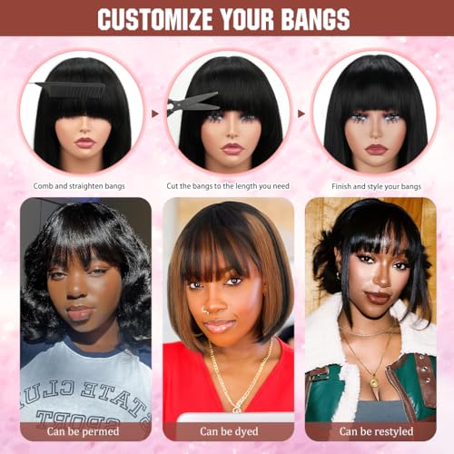 Bob Wig with Bangs Human Hair 200 Density Short Glueless Wigs Ready to Go Straight Bob Bangs Wig for Women Burgundy 12 Inches