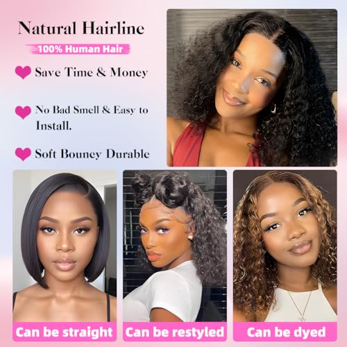 HD Glueless Wigs Human Hair Pre Plucked Pre Cut Bob 4x4, 12 Inch #30 Light Brown 210% Density Hairline Curly Bob Wig Human Hair, Wear and Go Deep Wave Lace Front Wigs Human Hair for Black Women