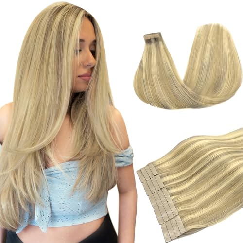 DOORES Human Hair Extensions Tape in Human Hair, Light Blonde Highlighted Golden Blonde 20 Inch 20pcs 50g, Tape in Hair Extensions Reamy Straight Hair