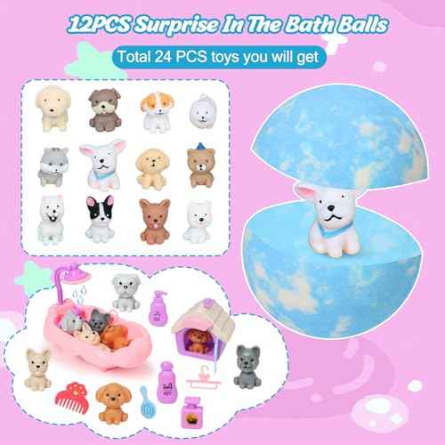 Bath Bombs for Kids with Toys Inside for Girls Boys, 12 Pack Kids Bath Bombs with Surprise Dog Pretend Playset, Handmade Bubble Bath Fizzies Birthday Christmas Gift Set