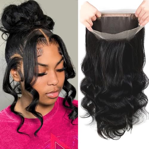 360 Lace Frontal Human Hair With Baby Hair - Body Wave Transparent HD Frontal Closure, Raw Virgin Hair, 150% Density Natural Color 18 Inch