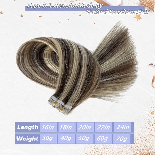 Blonde Hair Extensions Tape in Human Hair Chestnut Brown to Blonde Highlights Remy Hair Extensions Skin Weft Tape in Real Hair Extensions Invisible Straight Tape in Extensions for Women 24"