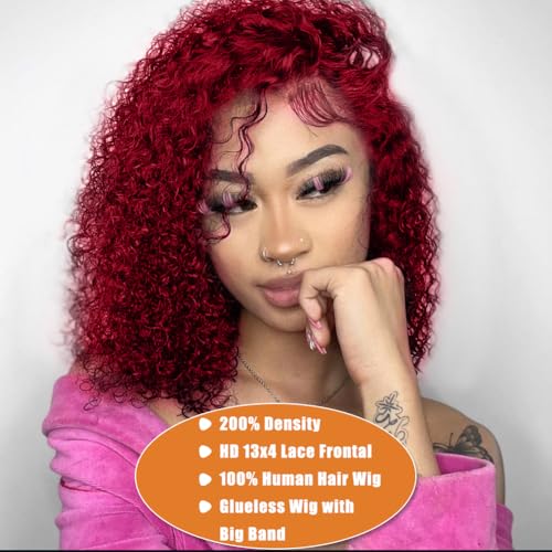 DJFG Deep Wave Lace Front Wigs Human Hair Curly Wig Human Hair HD Frontal 200 Density 13x6 Lace 99j Burgundy Red 14 Inch