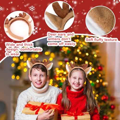 Shintop Deer Antlers Headbands, 2pcs Cute Reindeer Ears Headbands with Bow Deer Antlers Costume Soft Christmas Headwear Halloween Party Cosplay for Girls Women Adults (Brown)