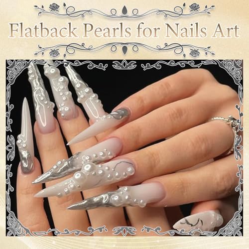 RODAKY Gold&Silver Nail Charms and Beads Gems 2-6mm Half Round Flatback Nail Pearls Beads for Nails,Flatback Rhinestones Jewels for Junk Case Kit Crafting Face Hair Manicure DIY