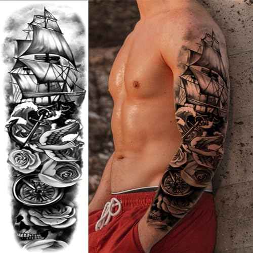 Pirate Skull Fake Tattoo Sleeve for Men, Full Arm Realistic Flower Skeleton Kraken Gun Temporary Tattoo Sleeve Women Adult, Large Black Octopus Sailboat Temp Tatoo Sticker Leg Body Art Makeup, 8-Sheet