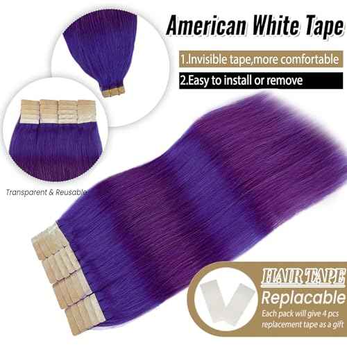 Munx Human Hair Extensions Tape in Purple 20 Inch 50g Real Hair Extensions Tape in Remy Silky Straight Natural Hair Extensions 20pcs