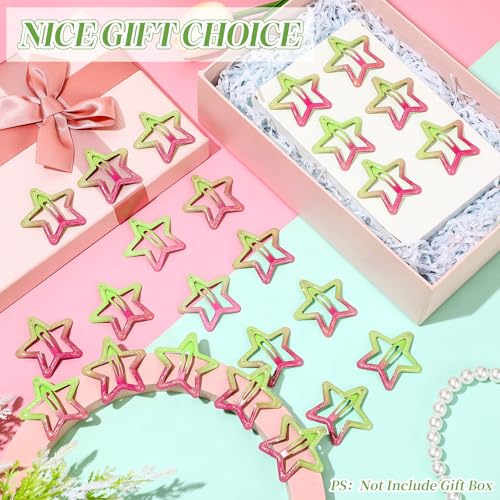 24 Pcs Pink and Green Hair Accessories Star Hair Clips Witch Decoration Metal Glue Snap Star Barrettes for Girl and Women Gifts