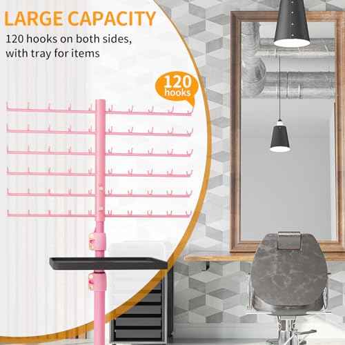 [Metal] 120-Peg Braiding Hair Rack Standing, with Tray Hair Extension Holder Hanger, Hair Divider Rack for Braiding Hair Separator Stand, Hair Braiding Rack Display Stand Hairstylist Braiders, Pink