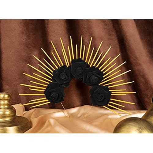 Fantherin Halo Crown with Roses Womens Mexican Flower Goddess Rose Spiked Sun Headpiece for Cosplay Halloween Costume