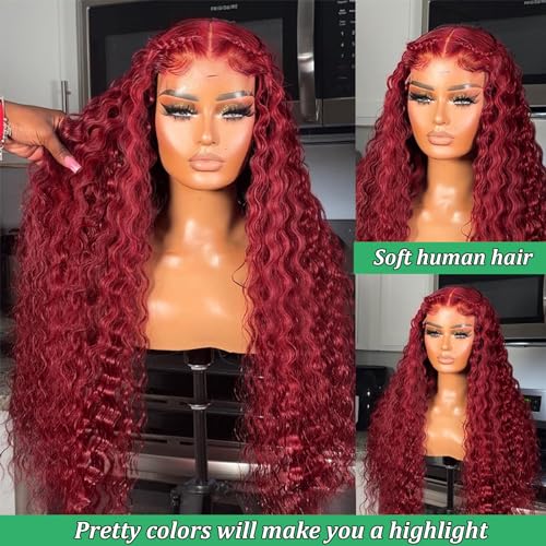 BeautyGrace Red Deep Wave Lace Front Wigs Human Hair 180% Density 13x4 99J Burgundy Human Hair Lace Front Wigs For Fashion Black Women (22 Inch)