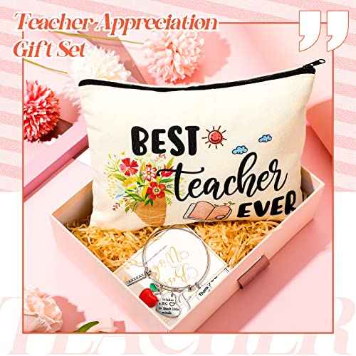 Highergo 2 Pcs Christmas Teacher Appreciation Gifts Set for Women Personalized Xmas Gifts Kits Cosmetic Bag Makeup Pouch Thank You Bangle Bracelet Keychain Present, Best Teacher Ever Present