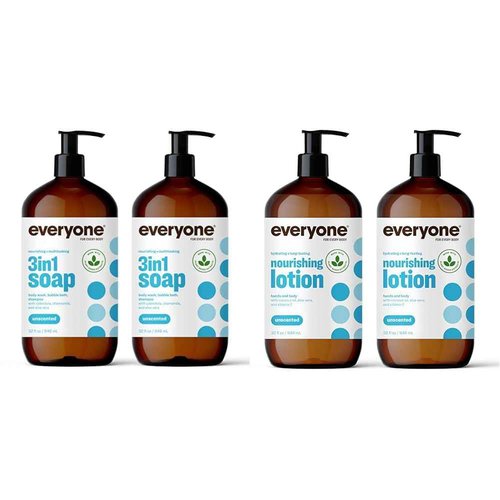 Bundle of Everyone 3-in-1 Soap, Body Wash, Bubble Bath, Shampoo, 32 Ounce (Pack of 2), Unscented + Everyone Nourishing Hand and Body Lotion, 32 Ounce (Pack of 2), Unscented