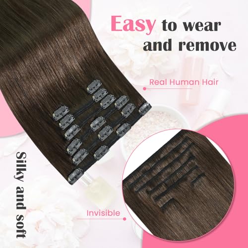 Aison Clip in Hair Extensions Real Human Hair 100G Medium Brown 100% Remy Human Hair Clip in Extensions Straight for Women 7pcs 16clips One Pack(20 Inch #4)