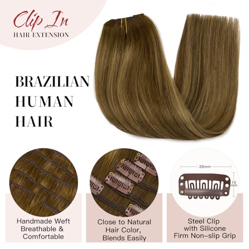 LOVELINE Clip in Hair Extensions Real Human Hair, 100% Remy Human Hair Extensions Clip Ins for Women, 7Pcs 16Inch 120g, Balayage Chocolate Brown to Caramel Blonde