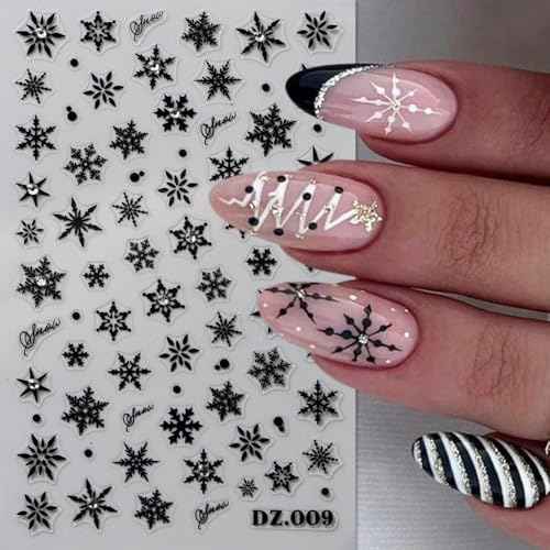 Snowflake Nail Stickers, 3D Embossed Christmas Nail Decals with Rhinestones Gold Silver Black White Snowflake Winter Nail Art Design for Women Girls(4 Sheets)