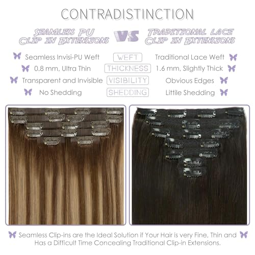 Lacer Hair Real Colored Clip in Hair Extensions Balayage Chocolate Brown to Caramel Blonde 18 Inch Clip in Invisible PU Skin Weft Remy Natural Thick Silky Straight Hair 7pcs 110g for Fashion Women