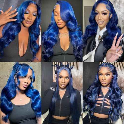 Dark Blue Lace Front Wigs Human Hair Pre Plucked 180% Density 26 Inch Body Wave HD 13x4 Lace Front Pre Plucked Dark Blue Human Hair Wigs with Bleached Knots Natural Hairline