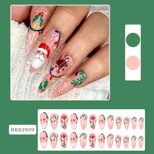 Christmas Press on Nails Long Almond Fake Nails Cute Xmas Nails Press ons with Santa Candy Elk Snowflake Winterberry Design Full Cover Stick on Nails for Women Manicure,Glossy | Reusable | 24Pcs