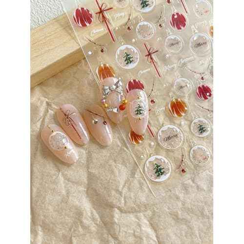 Crystal Ball Nail Stickers - 5D Embossed Christmas Tree & Red Bow Designs for Holiday Nail Art