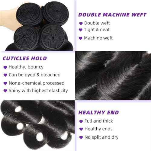 Body Wave Bundles Human Hair 14 16 18 20 Inch Human Hair Bundles 100% Unprocessed Brazilian Virgin Quick Weave 4 Bundle Human Hair Extensions for Black Women Natural Color