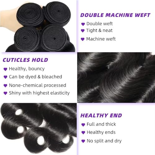 Body Wave Bundles Human Hair 16 18 20 22 Inch Human Hair Bundles 100% Unprocessed Brazilian Virgin Quick Weave 4 Bundle Human Hair Extensions for Black Women Natural Color