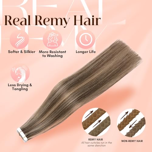 Elailite Tape in Hair Extensions Human Hair Thick Real Remy Hairpieces Medium Brown & Dark Blonde 20 Inch 50g 20pcs Straight Invisible Seamless Skin Weft Best Tape for Women