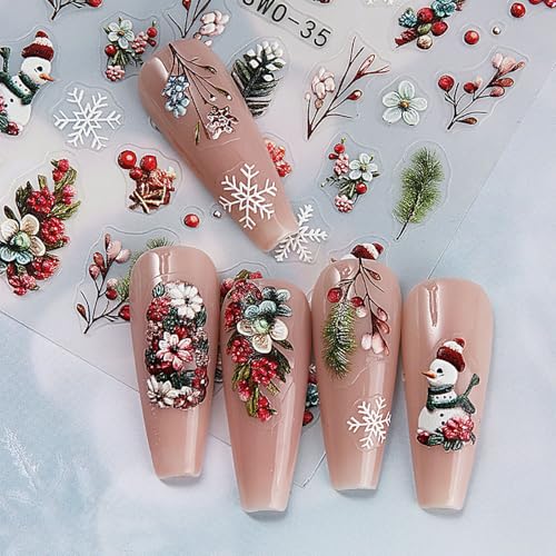 Christmas Nail Art Stickers Christmas Snowman Nail Sticker 3D Self-Adhesive Snowflake Nail Decal Flower Fruit Nail Art Supplies Holiday DIY Manicure Designs Nail Decoration for Women 3Pcs