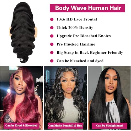 Body Wave Lace Front Wigs Human Hair 200 Density 12a Grade 100% Virgin Human Hair Wigs for Black Women 13x6 Hd Transparent Lace Pre Plucked Natural Black 22 Inch