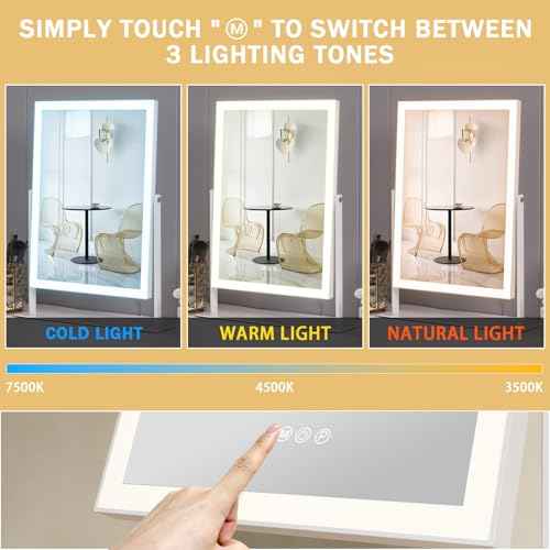 FENCHILIN Vanity Mirror with Lights 16.14" x 11.81",Lighted Makeup Mirror and Hollywood Mirror with Smart Touch Control 3 Colors Dimmable LED Light, 360¡ÆRotation 10X Magnification(White)