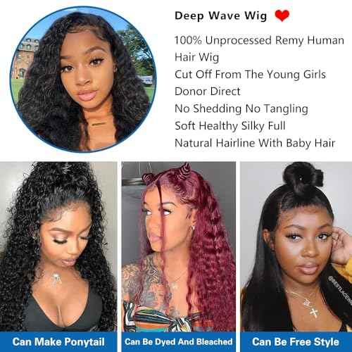 Josblue 4x4 Deep Wave Lace Front Wigs Human Hair Wigs,Wet and Wavy Lace Frontal Wig 180% Density HD Transparent Lace 100% Unprocessed Virgin Human Hair for Black Women Natural Color (22 Inch)