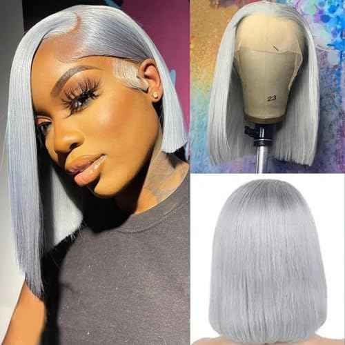 Smartinnov Grey Bob Wigs Human Hair 13x4 Lace Front Wigs Glueless Brazilian Remy Hair Straight for Women 8 Inch Pre Plucked Natural Hairline 180% Density Grey HD Lace Frontal Short Bob Wigs