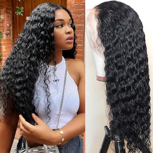 13x6 Deep Wave Lace Front Wigs Human Hair Wigs for Women 180% Density HD Transparent Deep Curly Lace Frontal Wigs Human Hair Pre Plucked with Baby Hair Natural Color 20 Inch