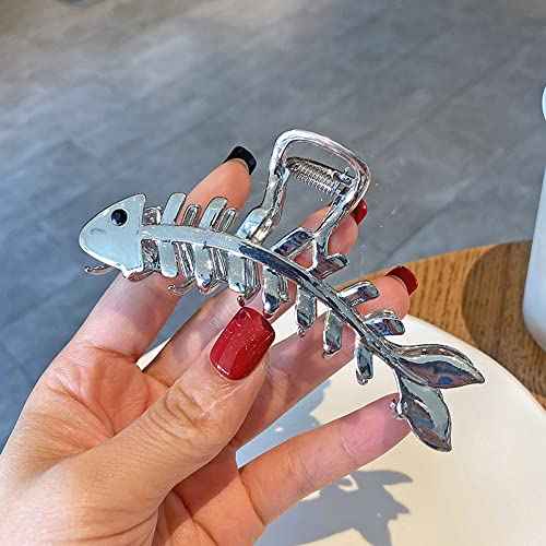 Hair Jaw Claw Clips Fish Bone Shape Large Metal Gold Fashion Nonslip Hairpin Catch Clip Accessories for Thick/Thin Hair HairStyling (Sliver)