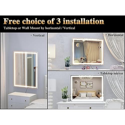 ANYHI Large Vanity Mirror with Lights, 28"x22" Makeup Mirror with Light Strip, 3 Color Modes, Dimmable, Smart Touch Control, Aluminum Frame, Tabletop or Wall Mount, White
