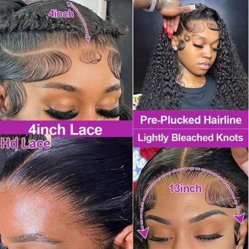 Deep Wave Lace Front Wigs Human Hair 200% Density Deep Curly Lace Frontal Wigs 26 Inch 13x4 Glueless Wigs HD Transparent Lace Front Wigs Human Hair Pre Plucked with Baby Hair for Black Women
