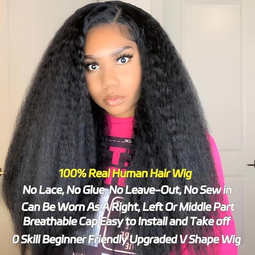 V Part Wig Human Hair Kinky Straight 18 Inch V Part Wig Yaki Straight Clip in Half Wigs for Black Women Human Hair Glueless No Leave Out 180% Density Natural Color