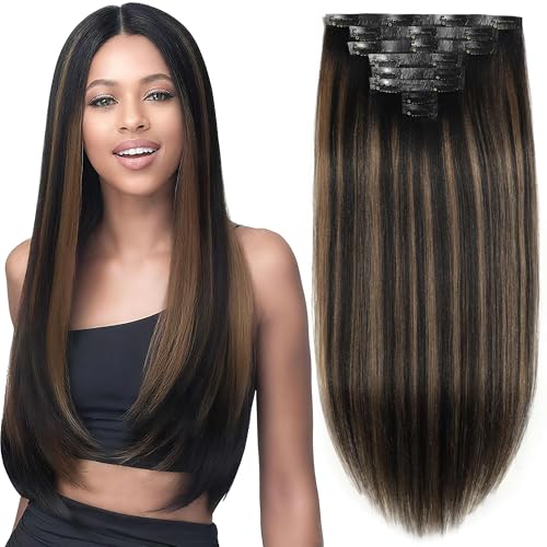 Caliee Seamless Yaki Straight Clip in Hair Extensions Human Hair 22 Inch Natural Black Mixed Chestnut Brown Seamless Yaki Straight Clip ins for Women Invisible PU Weft 115G 8 PCS Soft