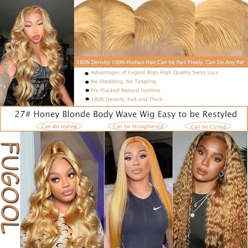 Honey Blonde Lace Front Wig 13x6 HD Lace Front Wigs Human Hair Pre Plucked 27# Blonde Body Wave Lace Wig 180 Density Colored Glueless Frontal Wigs For Black Women Human Hair 13x6 22 Inch