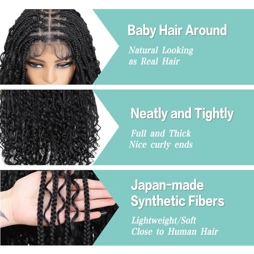 Boho Box Braid Knotless Goddess Locs Wigs with Curly Ends Double Full Lace Square Synthetic Braided Wigs with Baby Hair for Woman Natural Black 36 Inch